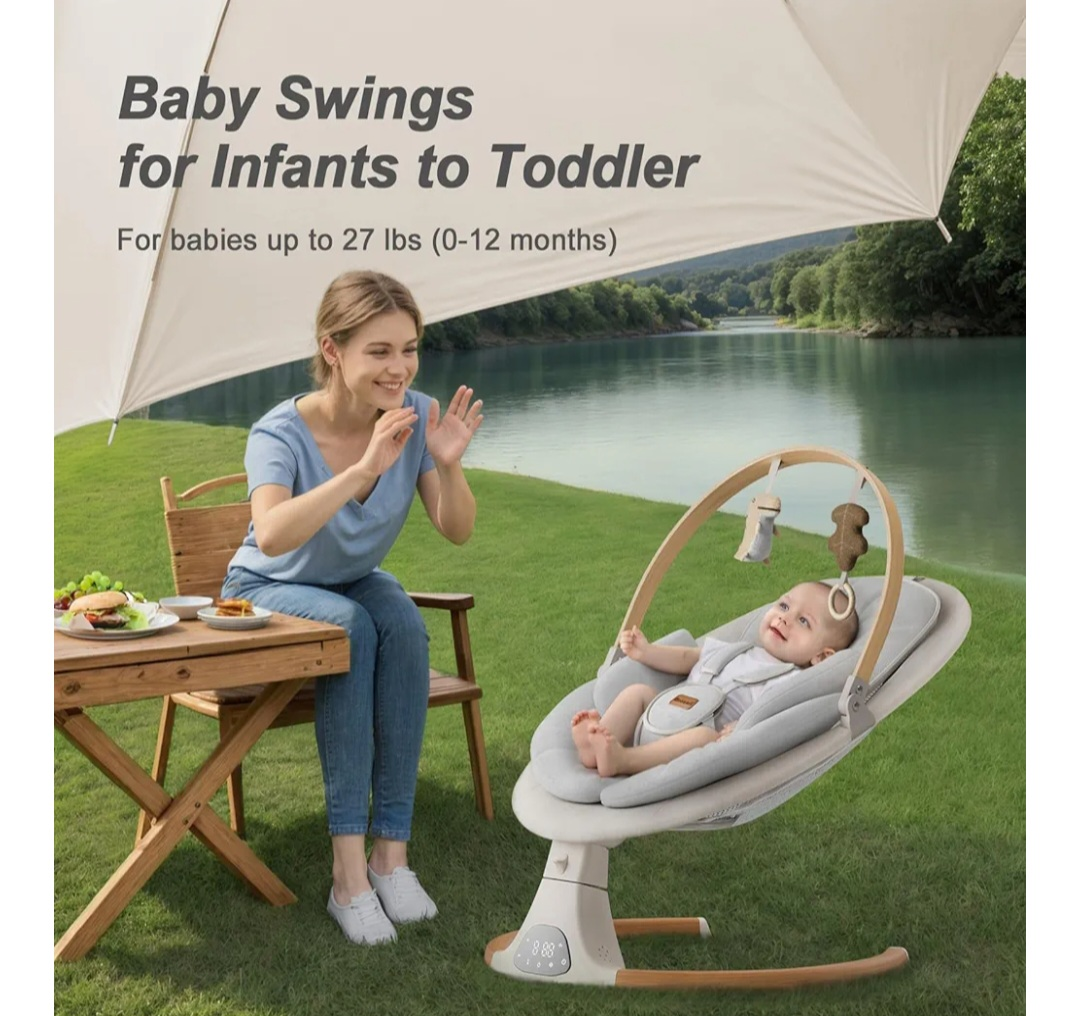 Monamii Baby Swing - Bluetooth, 5 Speed, Light Beige - photo 2