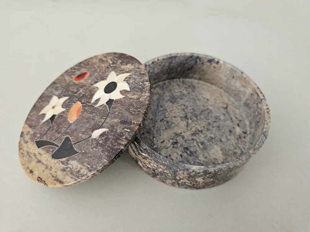 Round Stone Trinket Box with MoP Floral Inlay image indicator(3)