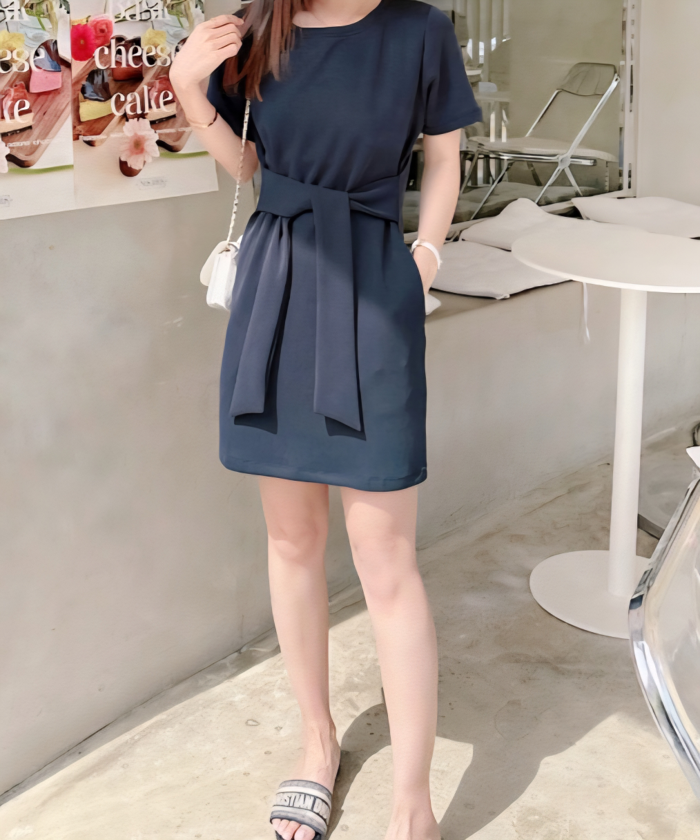 Korea Navy Blue T-Shirt Dress with Tie Waist - photo 2