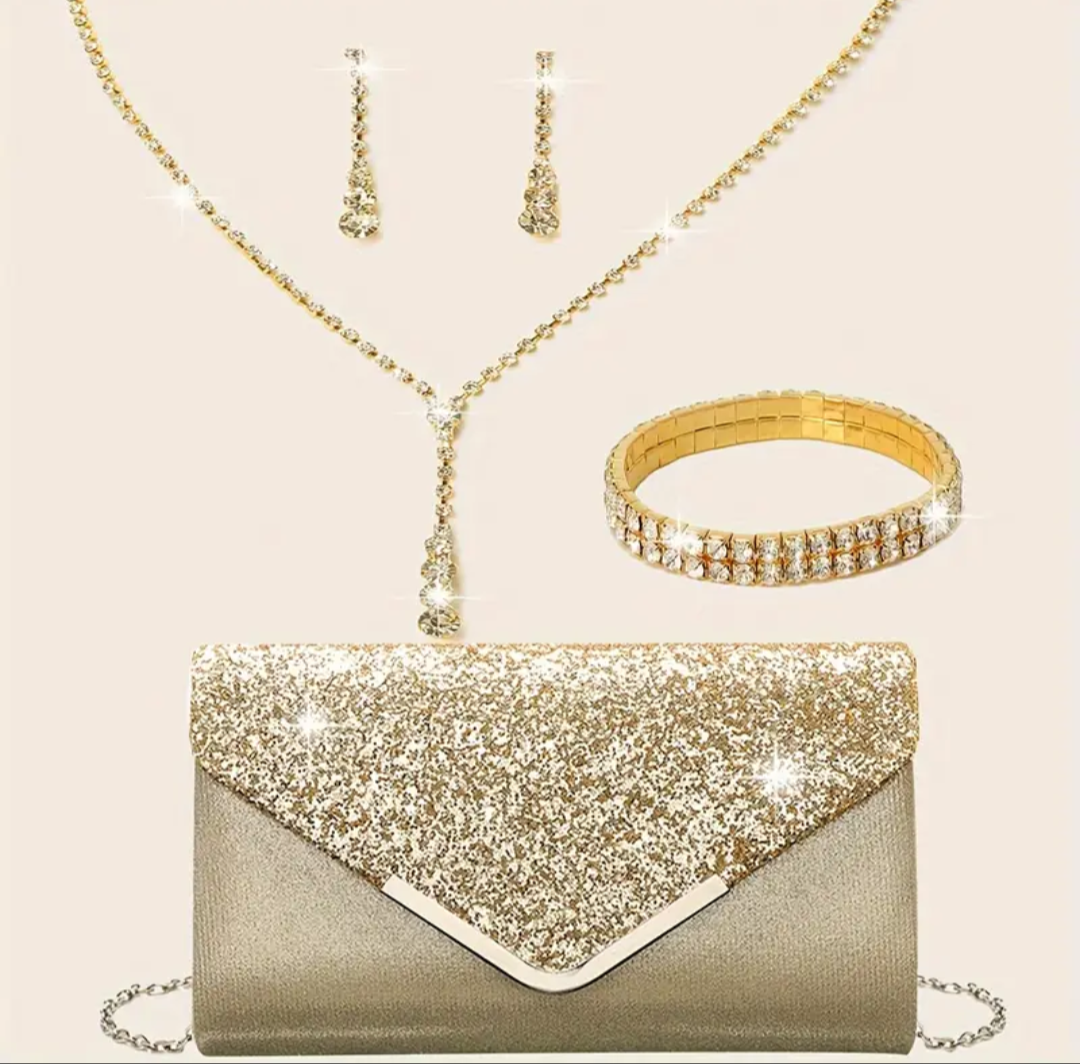 brand new golden glitter evening bag with jewelry combo