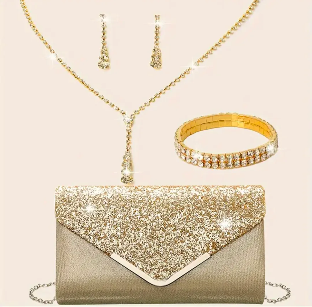 brand new golden glitter evening bag with jewelry combo thumbnail