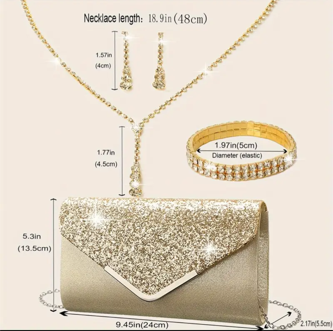 brand new golden glitter evening bag with jewelry combo - photo 2