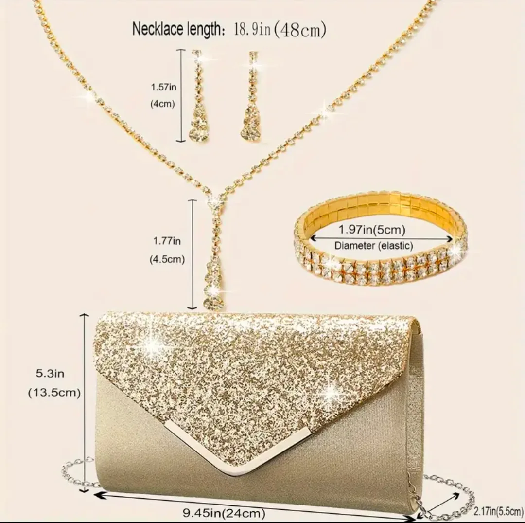 brand new golden glitter evening bag with jewelry combo image indicator(2)