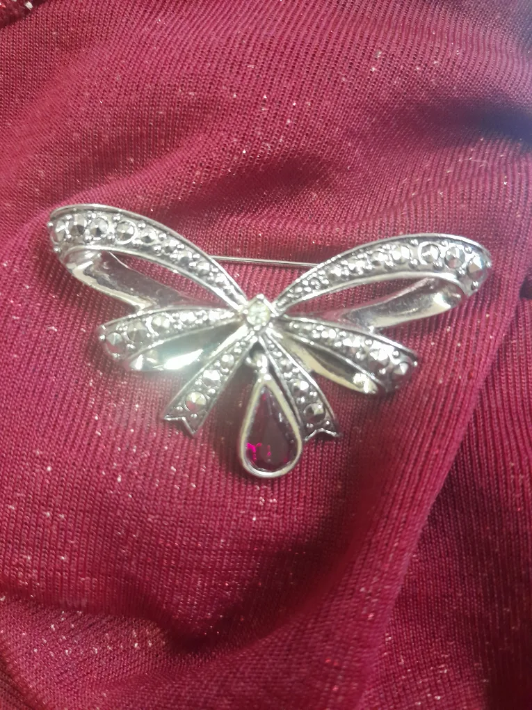 Vintage Silver Tone Bow Brooch with Red Stone thumbnail