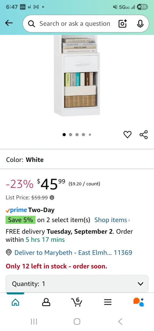 Furologee White 6 Tier Bookshelf with Drawers, Tall 71" image indicator(2)