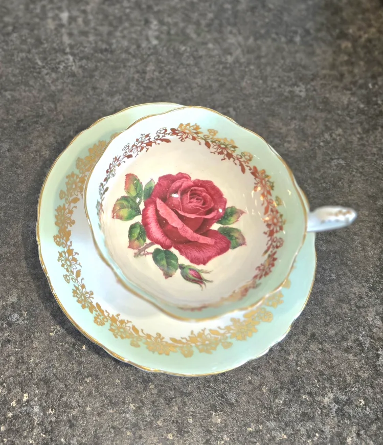 Pale Green Paragon Cabbage Rose Tea Cup & Saucer thumbnail