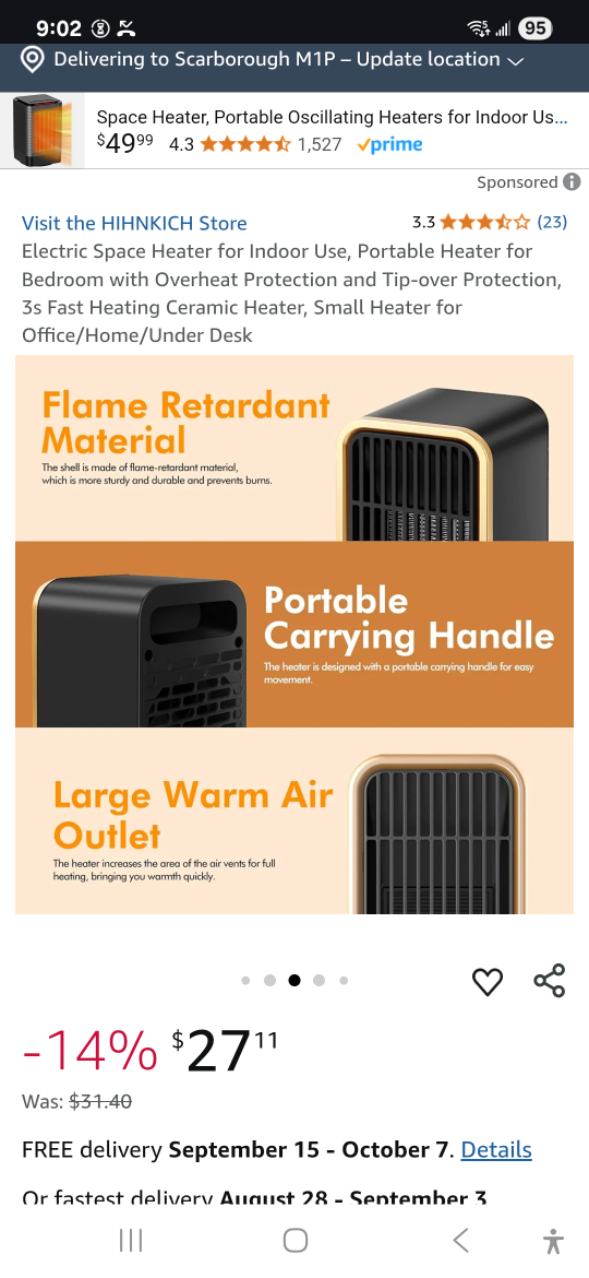 Electric Space Heater, 500W, open box - photo 5