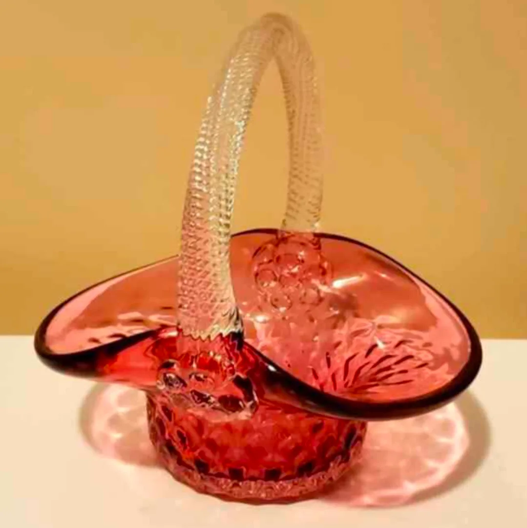 Vintage Pink Glass Basket with Handle thumbnail