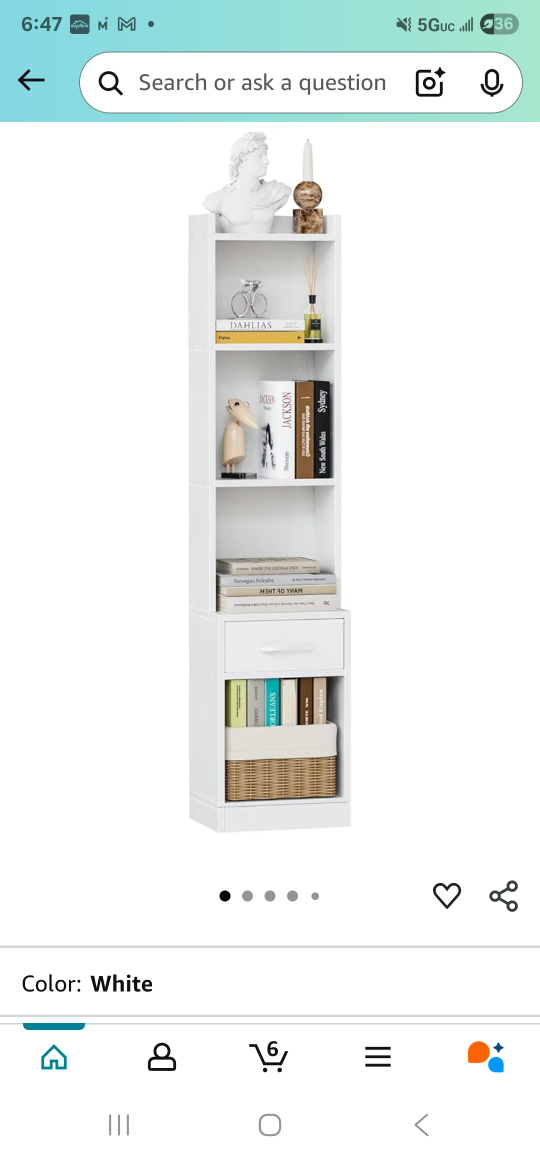 Furologee White 6 Tier Bookshelf with Drawers, Tall 71"