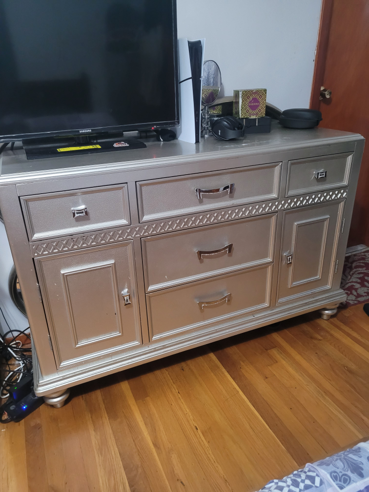 Silver Dresser with Drawers and Cabinets