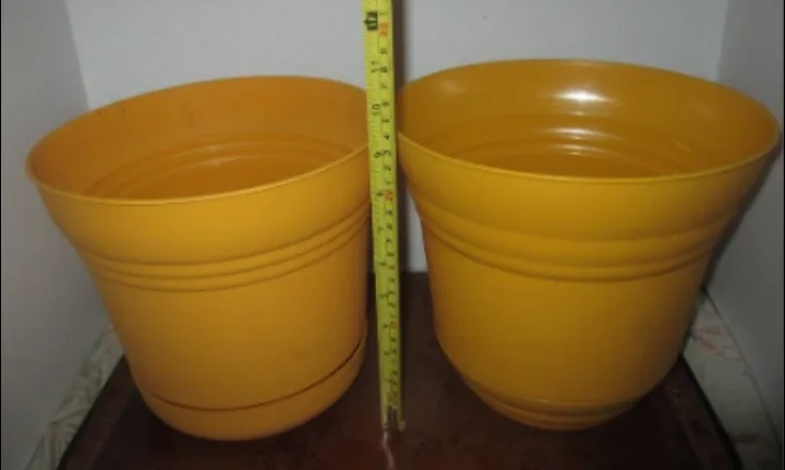 TWO Yellow Plastic Plant Pots with Saucer image indicator(3)
