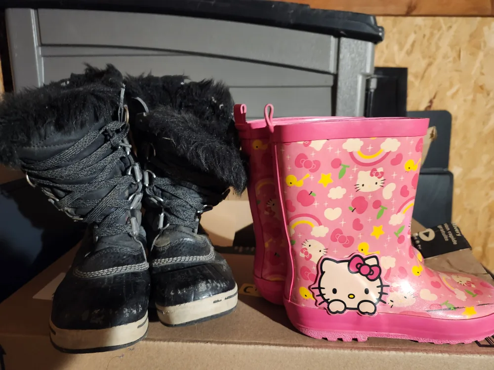 Sorel Winter Boots size 1 & Hello Kitty Rain Boots size 13 child image indicator(2)