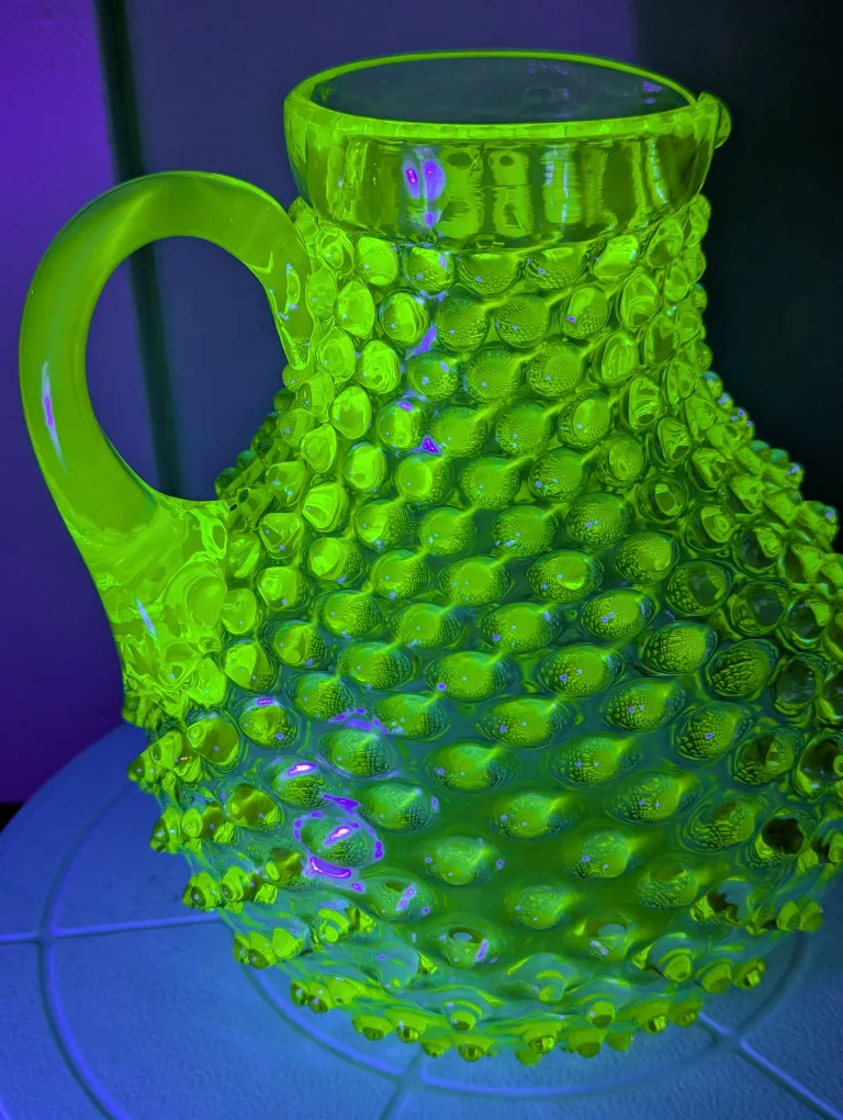 Vintage  Hobnail Uranium Glass Pitcher 8 inches tall image indicator(8)