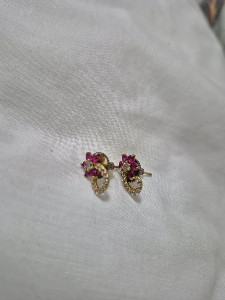Gold Tone Earrings with Pink and White Stones thumbnail