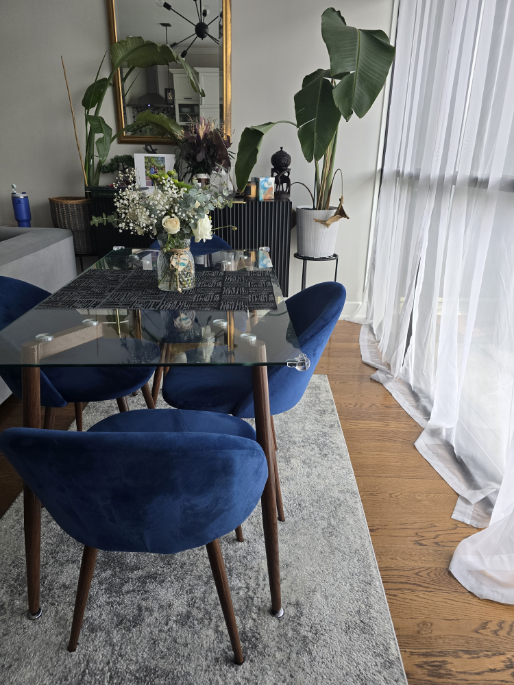 Glass Top Dining Table with 4 Blue Velvet Chairs