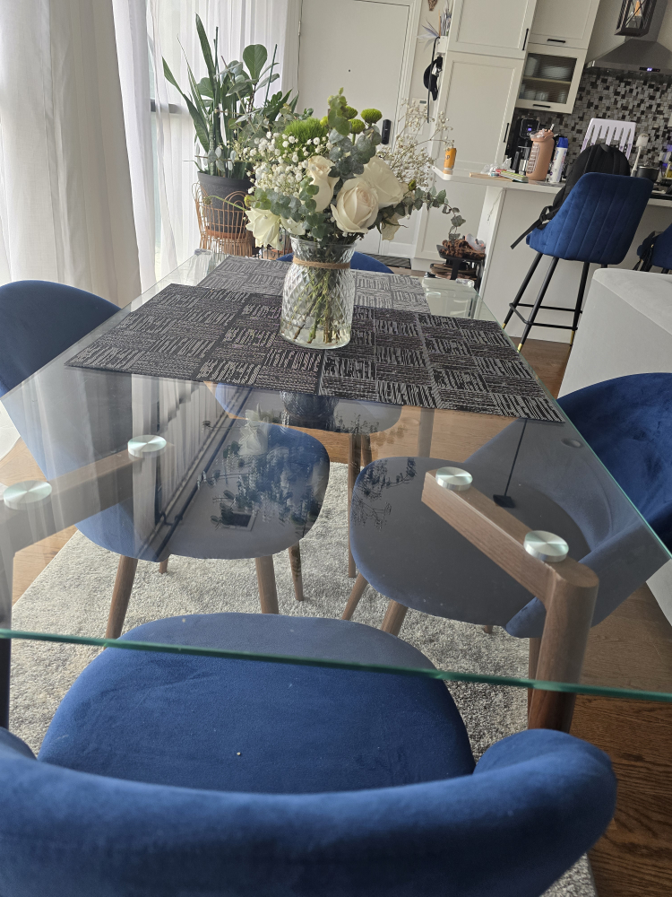 Glass Top Dining Table with 4 Blue Velvet Chairs - photo 3