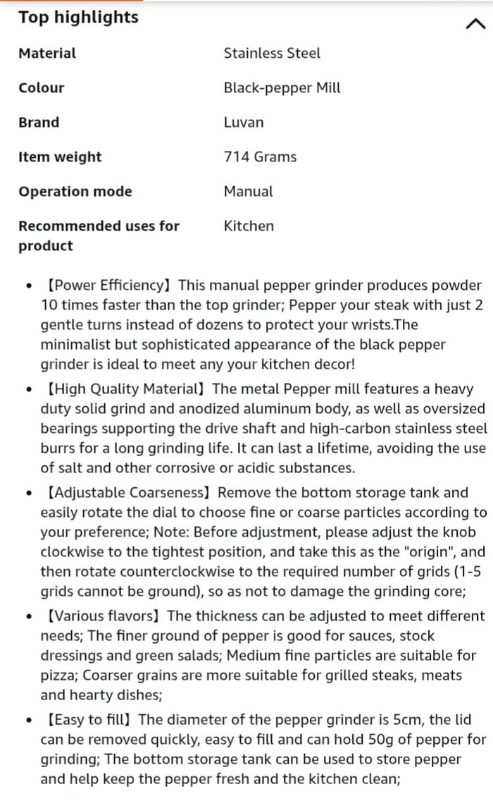 NEW!   Luvan - Professional  Black Pepper Grinder image indicator(8)