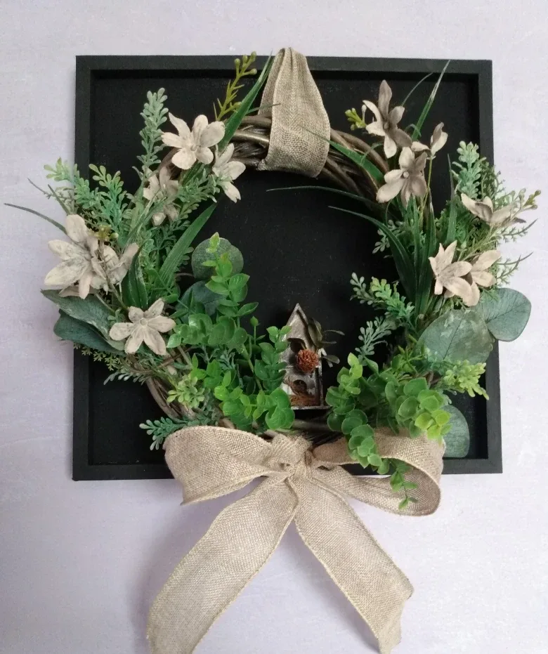 Beautiful decorative Birch Wood Floral wreath on a wooden frame thumbnail