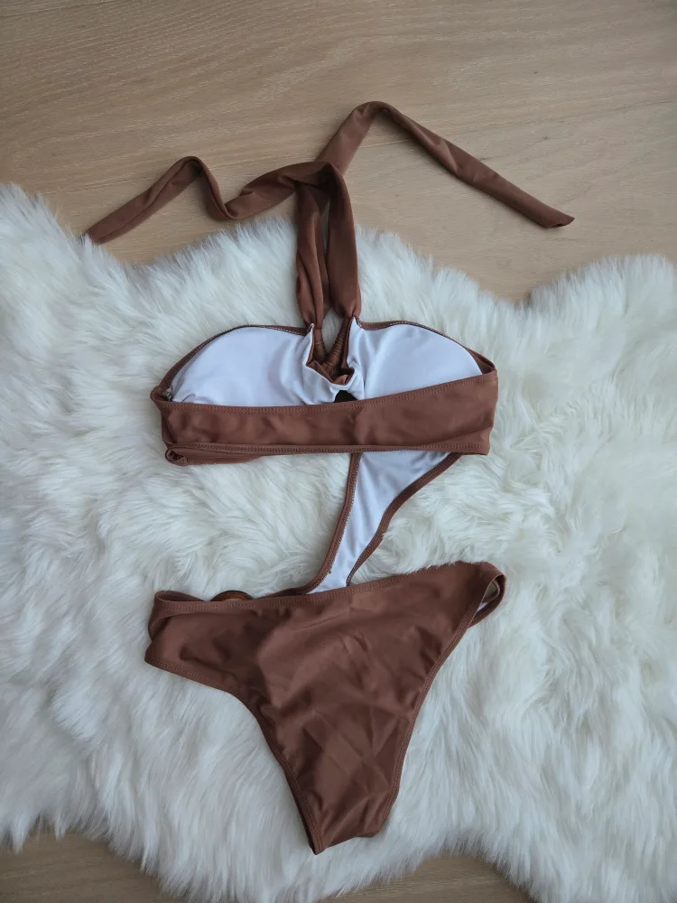 Brown Halter One-Piece Swimsuit with Sarong image indicator(4)