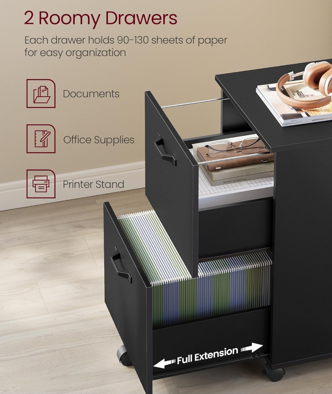 VASAGLE Black 2-Drawer File Cabinet on Wheels - photo 4