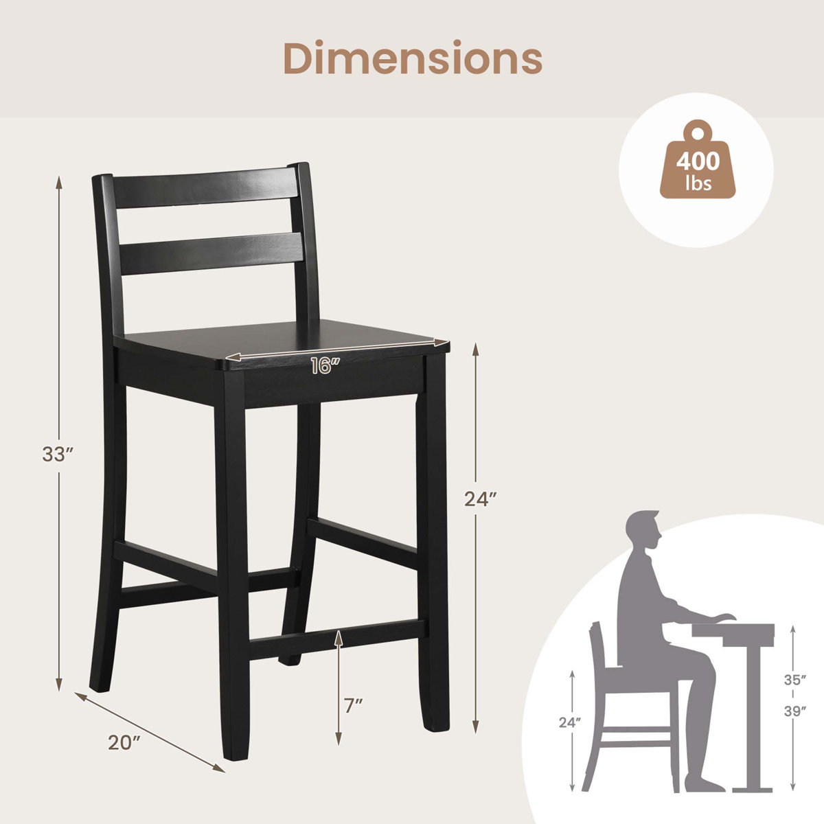 Black Wooden Bar Stool - Set of 2 - photo 4