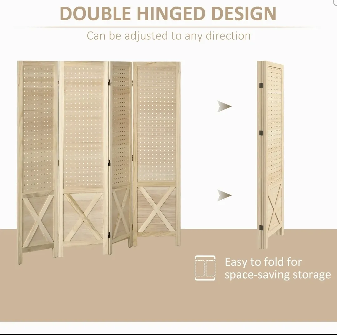✨ Wooden Room Divider – 4 Panel Privacy Screen with Pegboard image indicator(6)