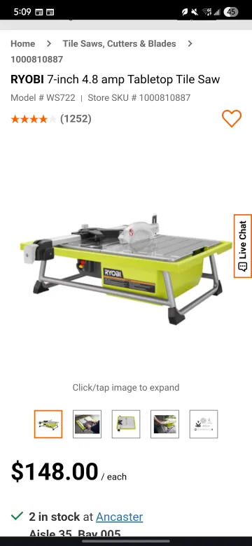 Ryobi 7-inch Tabletop Tile Saw WS722 thumbnail