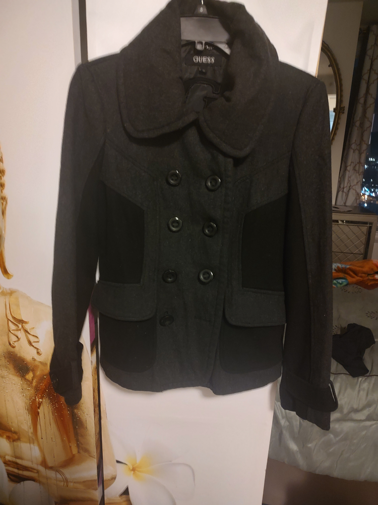 GUESS Black Wool Blend Pea Coat