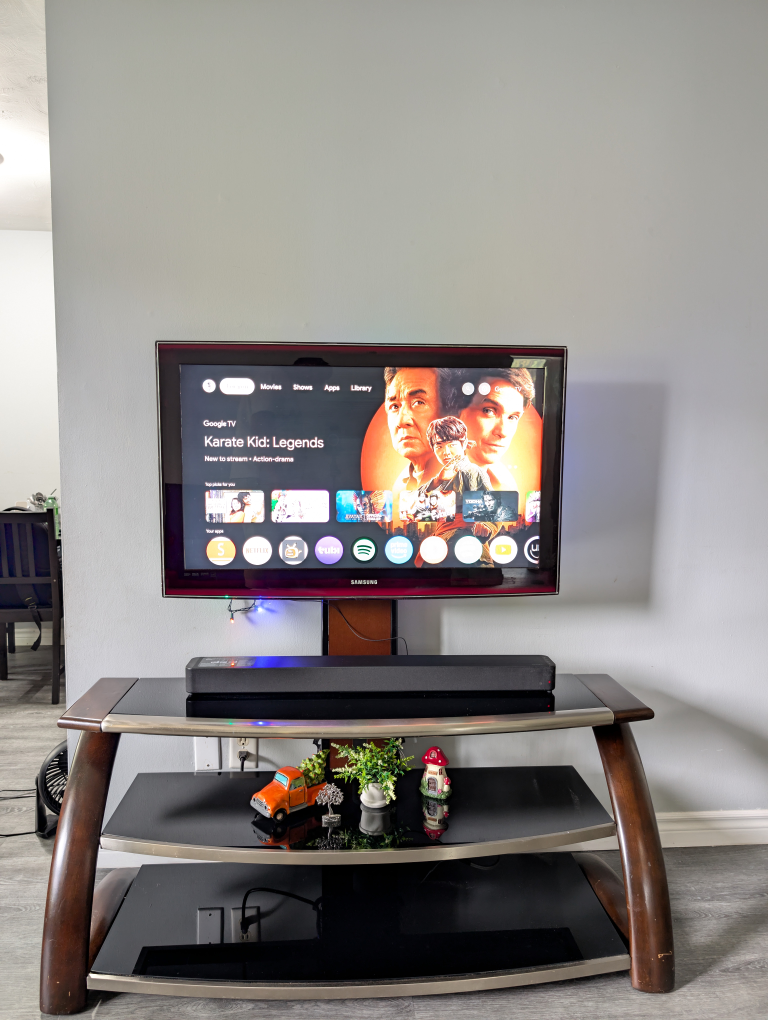 TV with stand, Chromecast,soundbar