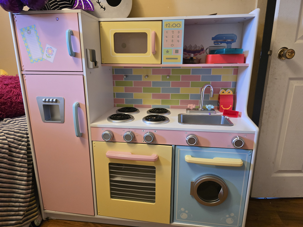 Kids Wooden Play Kitchen - Pink, Yellow, Blue