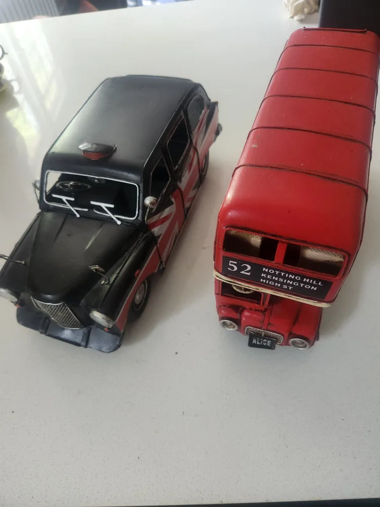 Pair of decorative metal London vehicles - bus and taxi thumbnail
