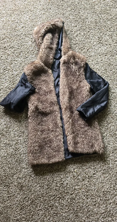 Faux Fur Hooded Vest with Sleeves