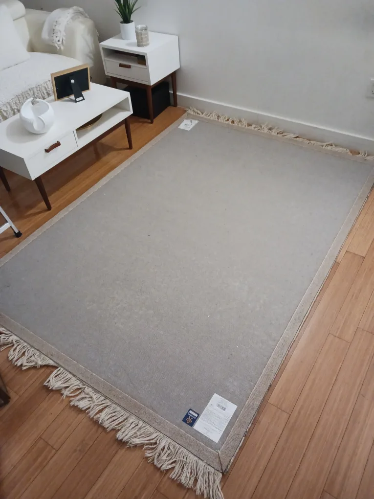 Area Rug w/ Fringe – Beige w/ Gray Stripes (Needs Cleaning) image indicator(2)