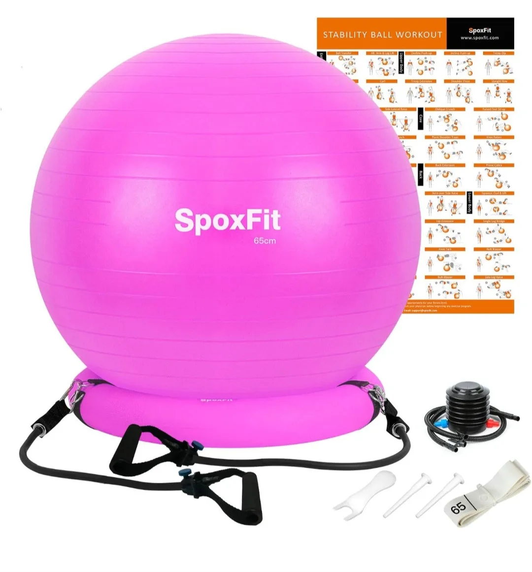 SpoxFit 65cm Pink Stability Ball with Base & Resistance Bands thumbnail