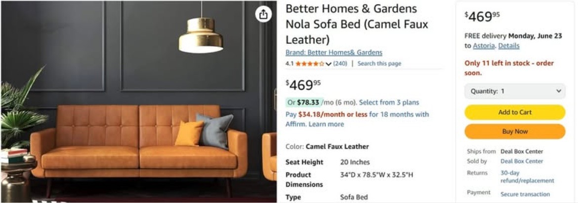 Better Homes & Gardens Nola Sofa Bed - Camel Faux Leather - photo 3