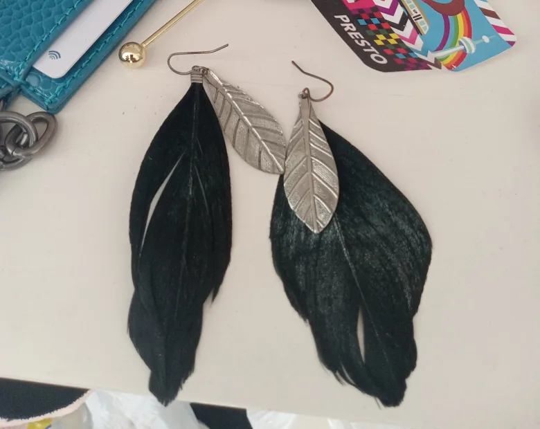 Feather Drop Earrings - Black & Silver thumbnail