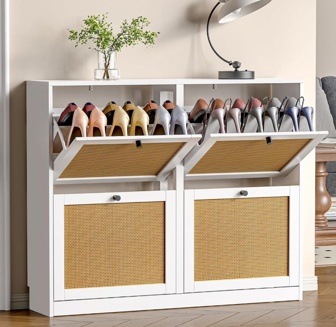 White Shoe Storage Cabinet with Rattan Doors
