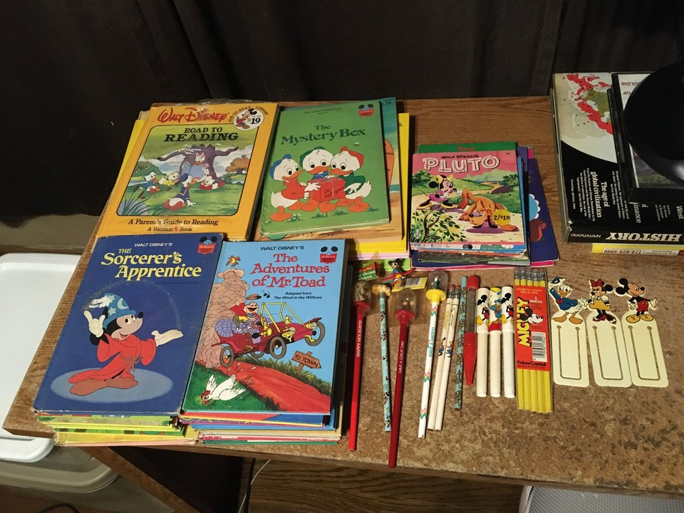 lot of 40 Disney books wonderful world of reading + pencils pens