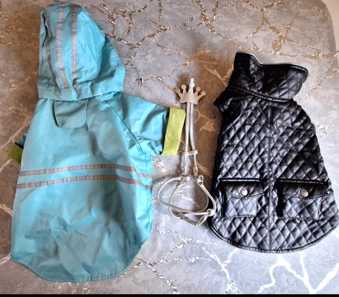 Lot of 3 Dog Rain Coat, Black Puffer Coat & Harness with Leash thumbnail