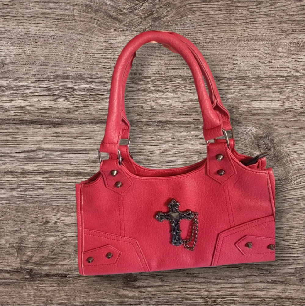 Red Faux Leather Handbag with Cross Detail image indicator(4)