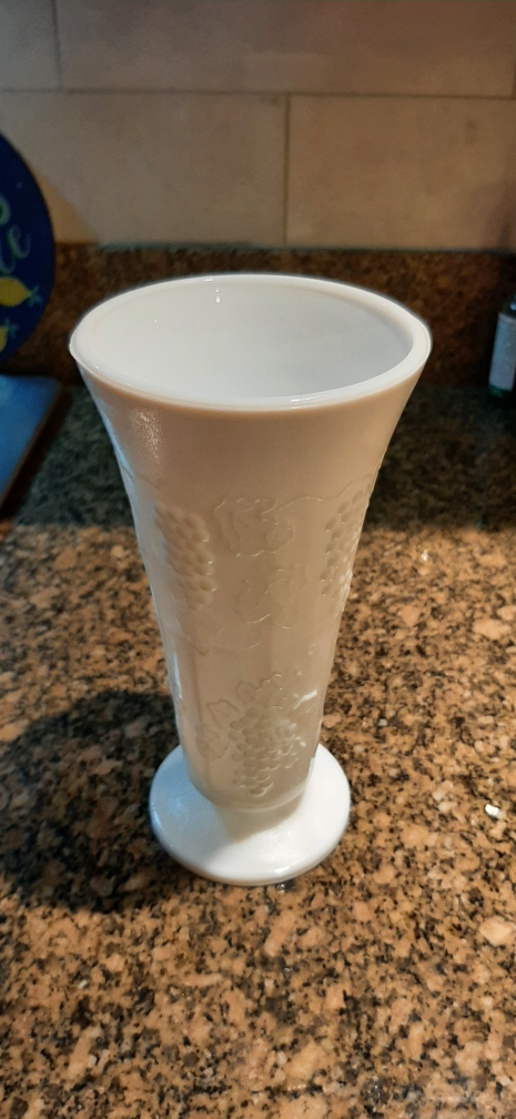Vintage White Milk Glass Vase with Grape Design