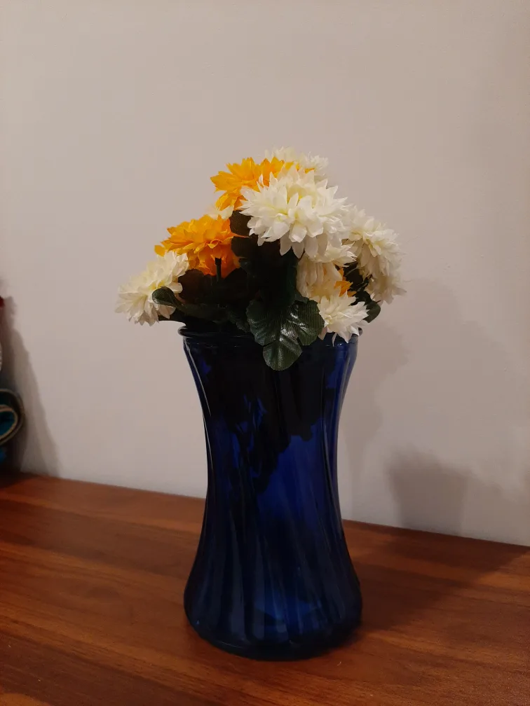 Blue Glass Vase with Artificial Flowers thumbnail