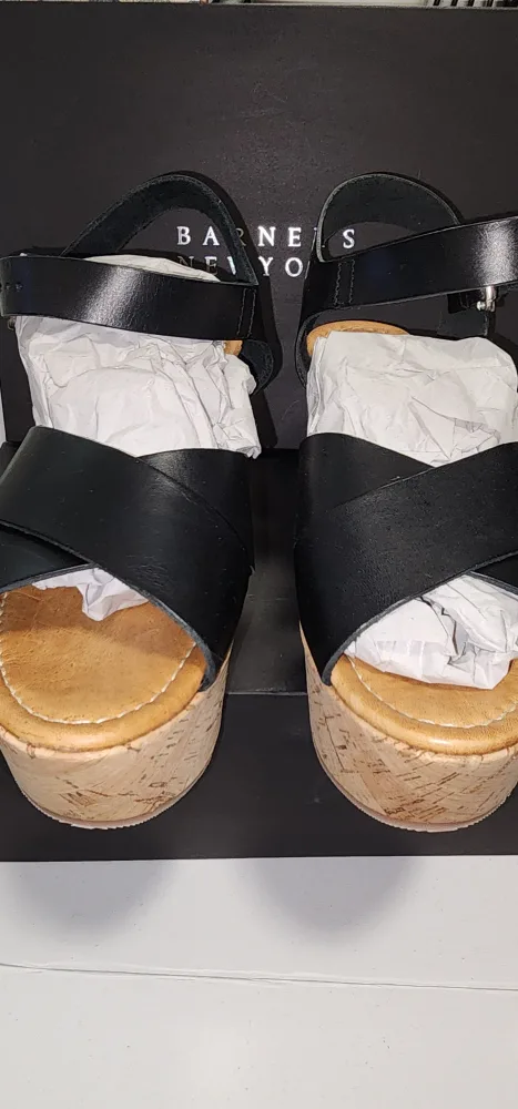 Barneys New York Black Leather Wedge Sandals thumbnail
