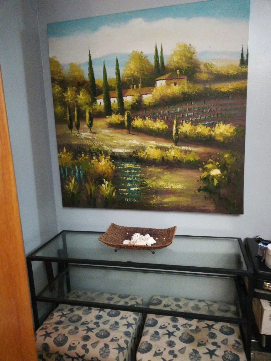 Glass Consul Table + Picture + Ottomans (Optional)