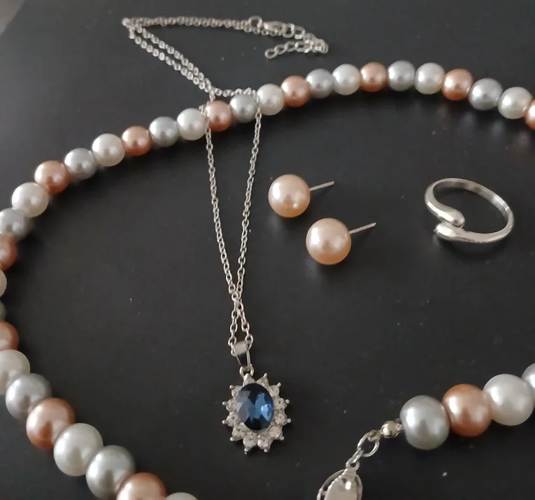 Faux pearl necklace, Earrings, and Ring Set thumbnail
