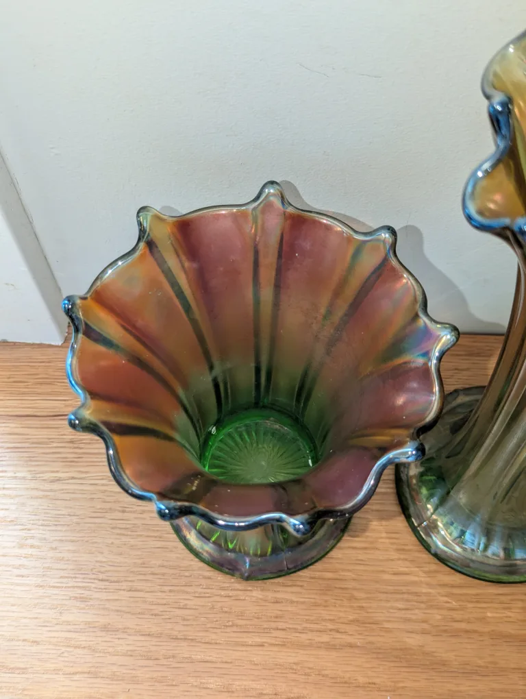 3 Iridescent Green Northwood Vases $35 each image indicator(4)
