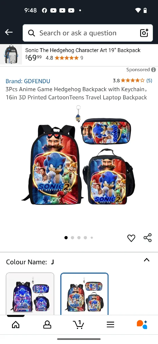 GDFENDU Sonic The Hedgehog 19" Backpack Set - NEW thumbnail