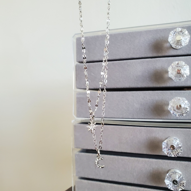🧡 Silver Layered Star and Moon Necklace 🧡