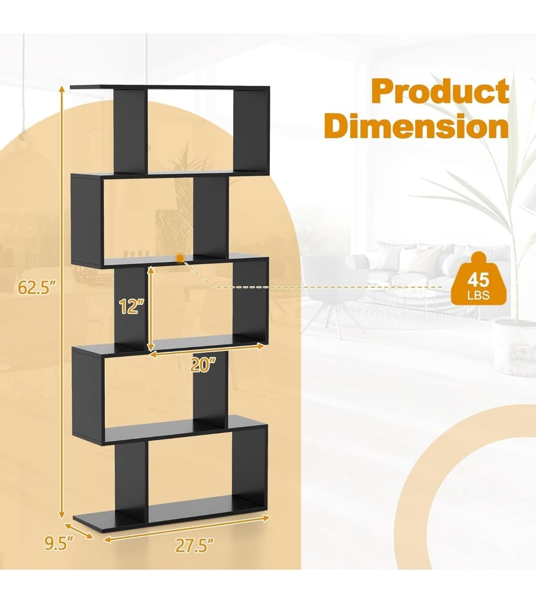 5-Tier Geometric Bookshelf, S-Shaped Bookcase