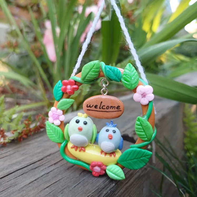 Handmade Welcome Clay Wreath with Birds thumbnail